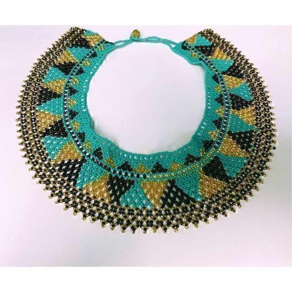 New Beautiful Handmade Turquoise, Gold & Purple Beaded Mexican Collar Necklace